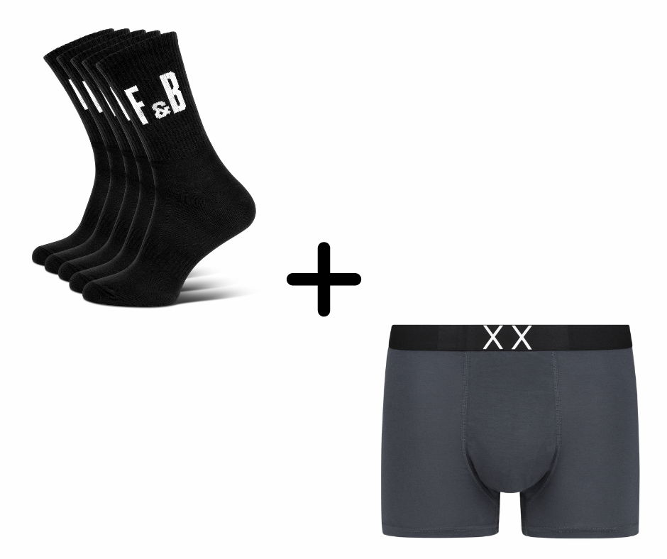 Bundle: 4 Paar schwarze FUSSLIS Sport-Tennissocken mit F&B Schriftzug plus 1 BOXXIS Boxershorts